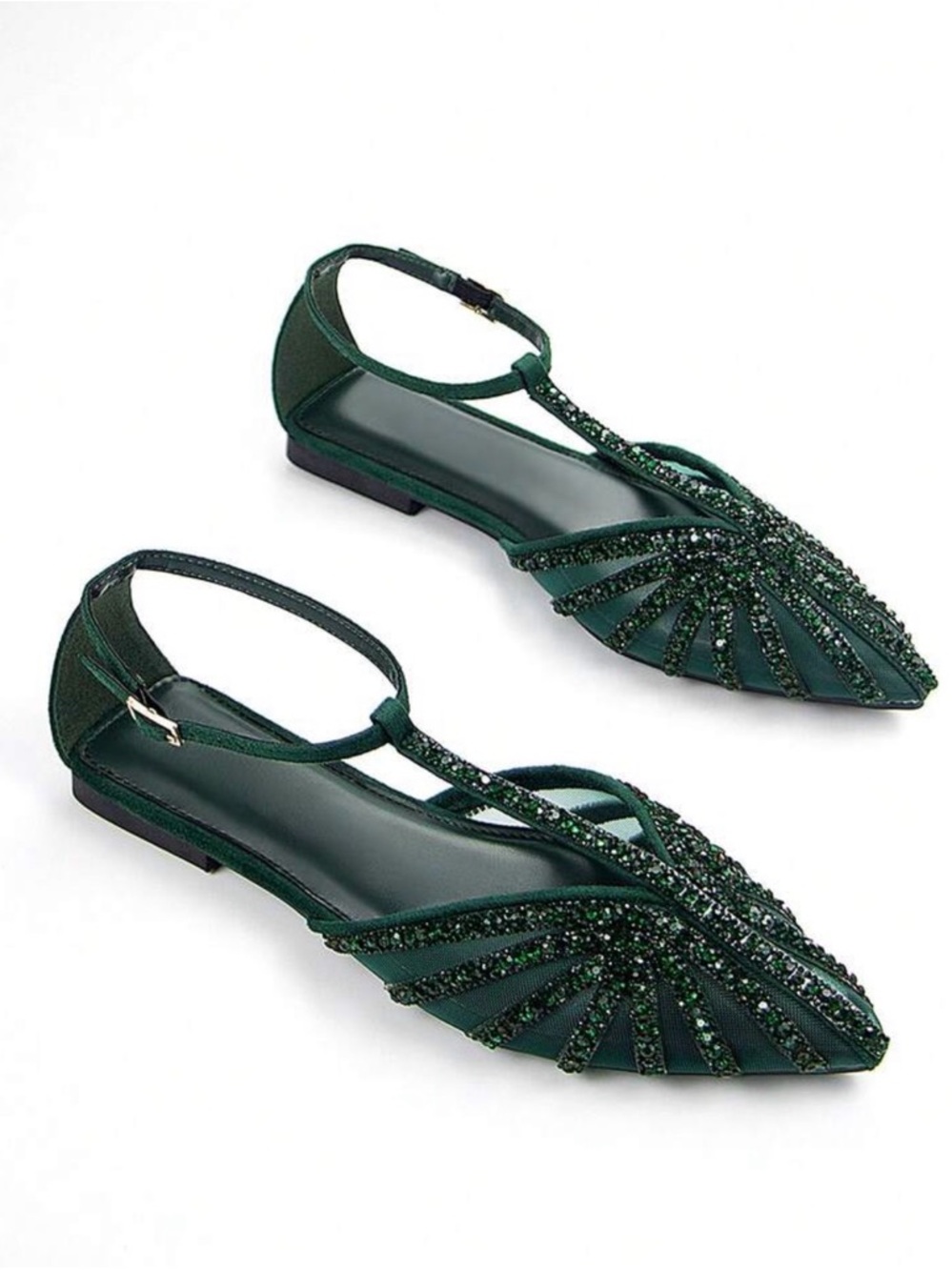 Embellished Dark Green T-Strap Pointed Flats - Picture 2 of 3